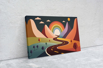 Rainbow Road, Colorful mountain, Minimalist, Canvas Art Large Print, Oil Painting, Landscape, Cartoon, Bold Illustration, Joyful