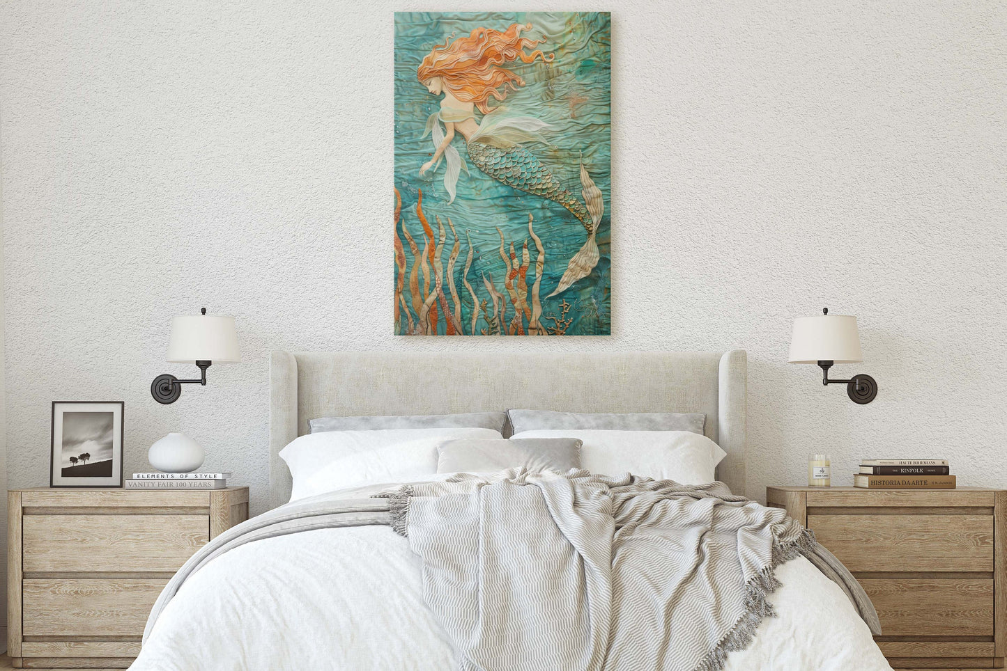 Mermaid in Garden, Nautical Artwork, Ocean Decor, Mythical Creature, Fantasy Decor, Faux Fabric, Framed Canvas, Extra Large Print
