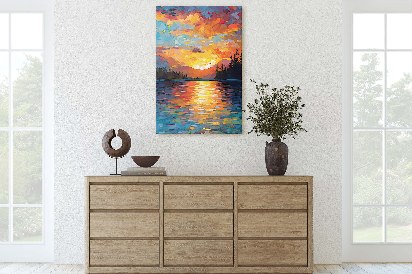 Lake at Sunset, Fauvist Color, Calm Water, Chromatic, Impressionist Art, Landscape Decor, Nature Painting, Ready to Hang, Canvas Print