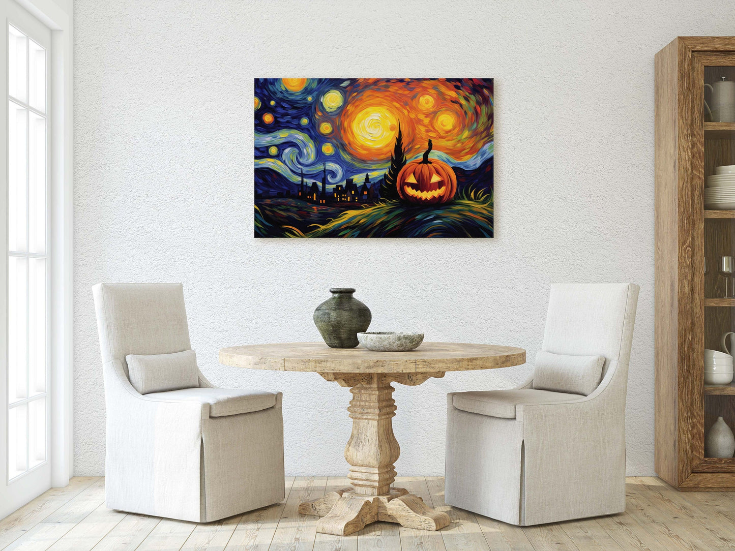Starry Night Pumpkin on Canvas, Jack-O-Lantern, Spooky Art, Framed Canvas, Kid Friendly, Fun Halloween Decor