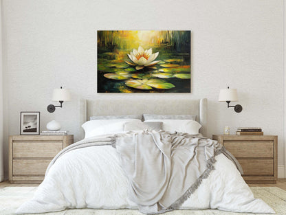 White Lotus Painting, Lily Pad Art, Green Lake, Nature Painting