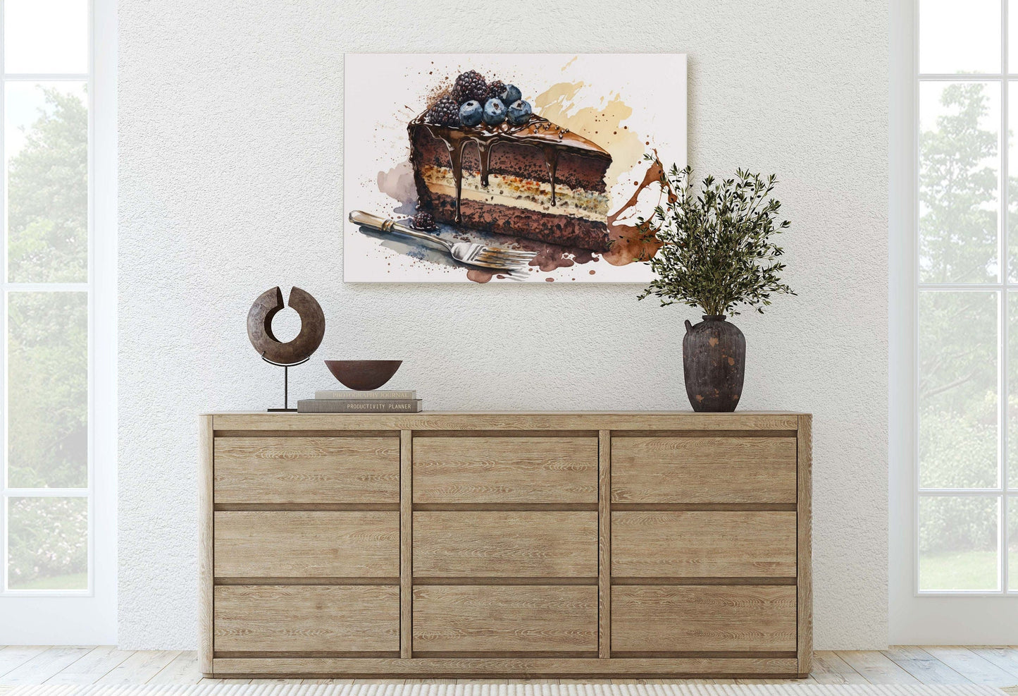 Watercolor Chocolate Cake, Dessert Art, Kitchen Wall Art, Dining Room Art Ready To Hang, Large Print, Restaurant Print, Bakery Decor