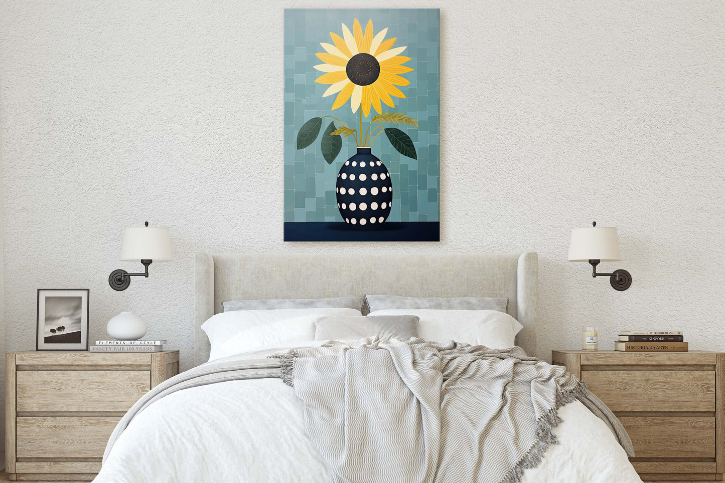 Sunflower Vase, Yellow and Blue, Indigo and Gold, Framed Canvas, Vertical Portrait, Large Art Print, Simple Bold, Contemporary Painting
