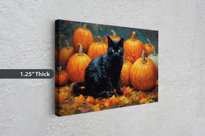 Black Cat Pumpkin Patch on Canvas, Halloween Decor, Fall Pumpkin, Framed Canvas,  Autumn Leaves, Pumpkin Leaf, Painting