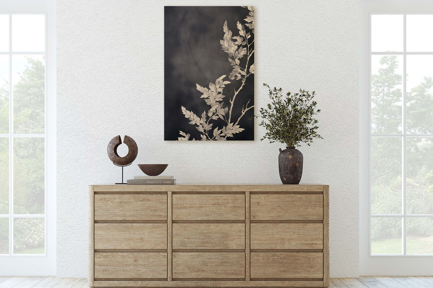 Botanical Print, Black and White, Minimalist Painting, Farmhouse Decor, Floral Wall Art, Framed Canvas, Wildflower Art