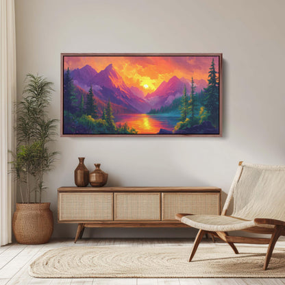 Colorful Mountain Sunrise On Canvas, Smoky Forest, Foggy Mountains, Vibrant Color, Abstract Art