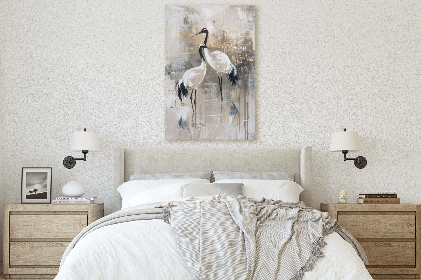 Japanese Gold Cranes, Gold and Beige, Minimalist Art, Heron Decor, Framed Canvas, Japandi Print, Extra Large, Neutral Tones