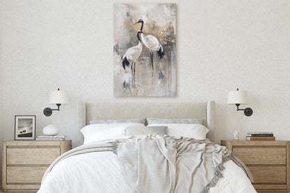 Japanese Gold Cranes, Gold and Beige, Minimalist Art, Heron Decor, Framed Canvas, Japandi Print, Extra Large, Neutral Tones