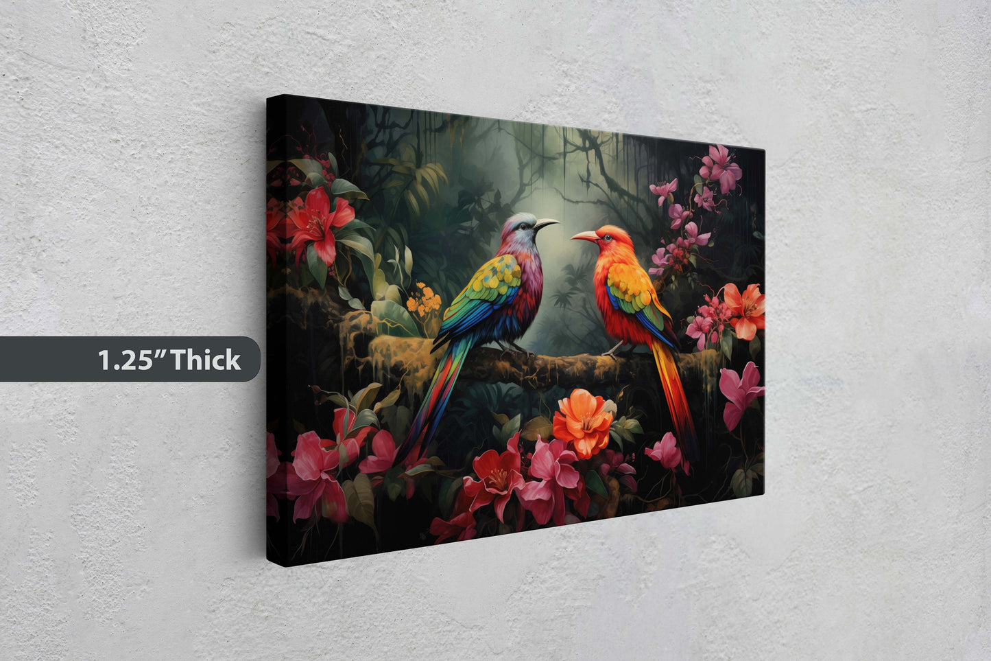 Jungle Bird Painting, Jungle Art, Green Jungle, Framed Canvas, Large Print, Beautiful Bird, Flower Jungle, Tropical Forest, Rainforest Art