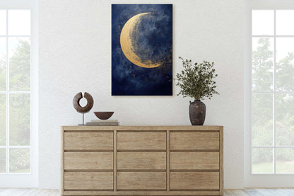Gold Moon on Indigo, Moon Painting, Minimalist Art, Circle Indigo, Maximalist Art, Contemporary Decor, Celestial Art, Space Decor, Night Sky