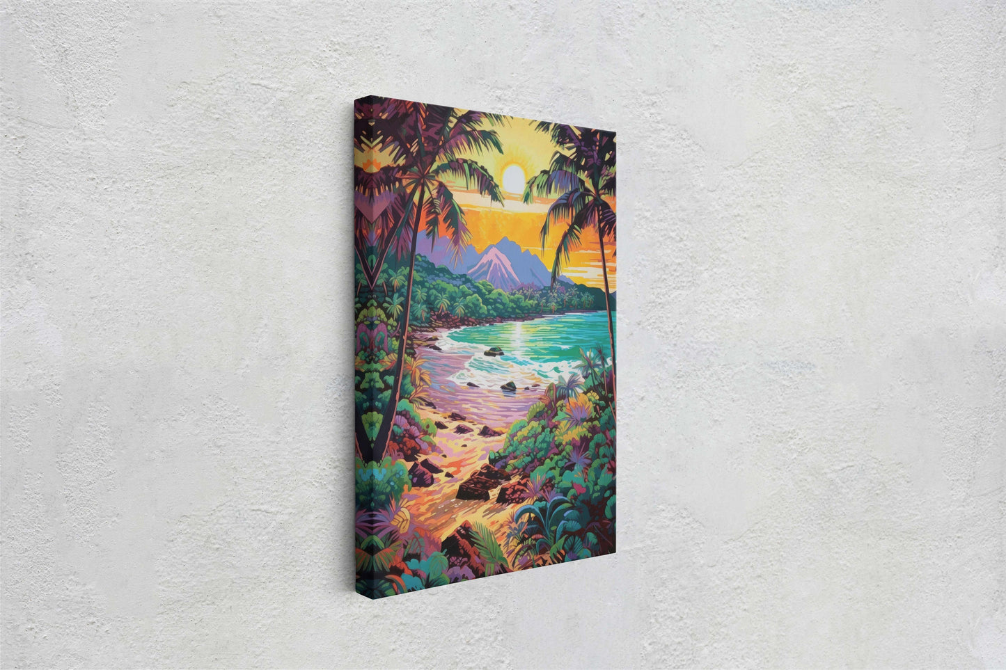 Vibrant Coast on Canvas, Ancient Beach, Framed Canvas, Prehistoric Landscape, Coastline Illustration, Bold Color, Vertical Botanical