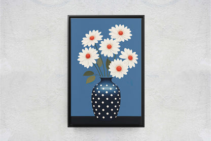 Flower Vase Painting, Contemporary Blue, White Floral Art, Framed Canvas, Large Art Print, Vertical Portrait, Indigo and White, Modern