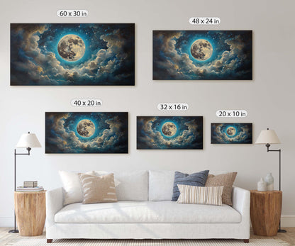 Full Moon Vintage ,Cloudy Moon Sky, Moon Painting, Moon and Stars