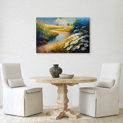Chamomile Field, White Wildflowers,  Flowers Canvas Art Ready To Hang Large Print, Oil Painting, Landscape