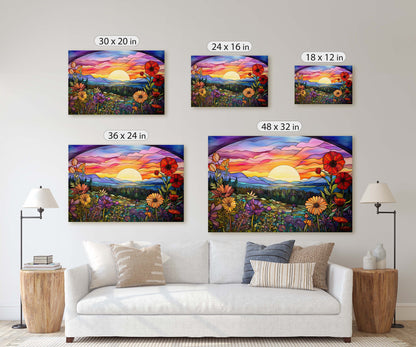 Sunset Painting, Faux Stained Glass, Colorful Vibrant, Sunrise Art, Flower Field. Mountain Decor, Framed Canvas