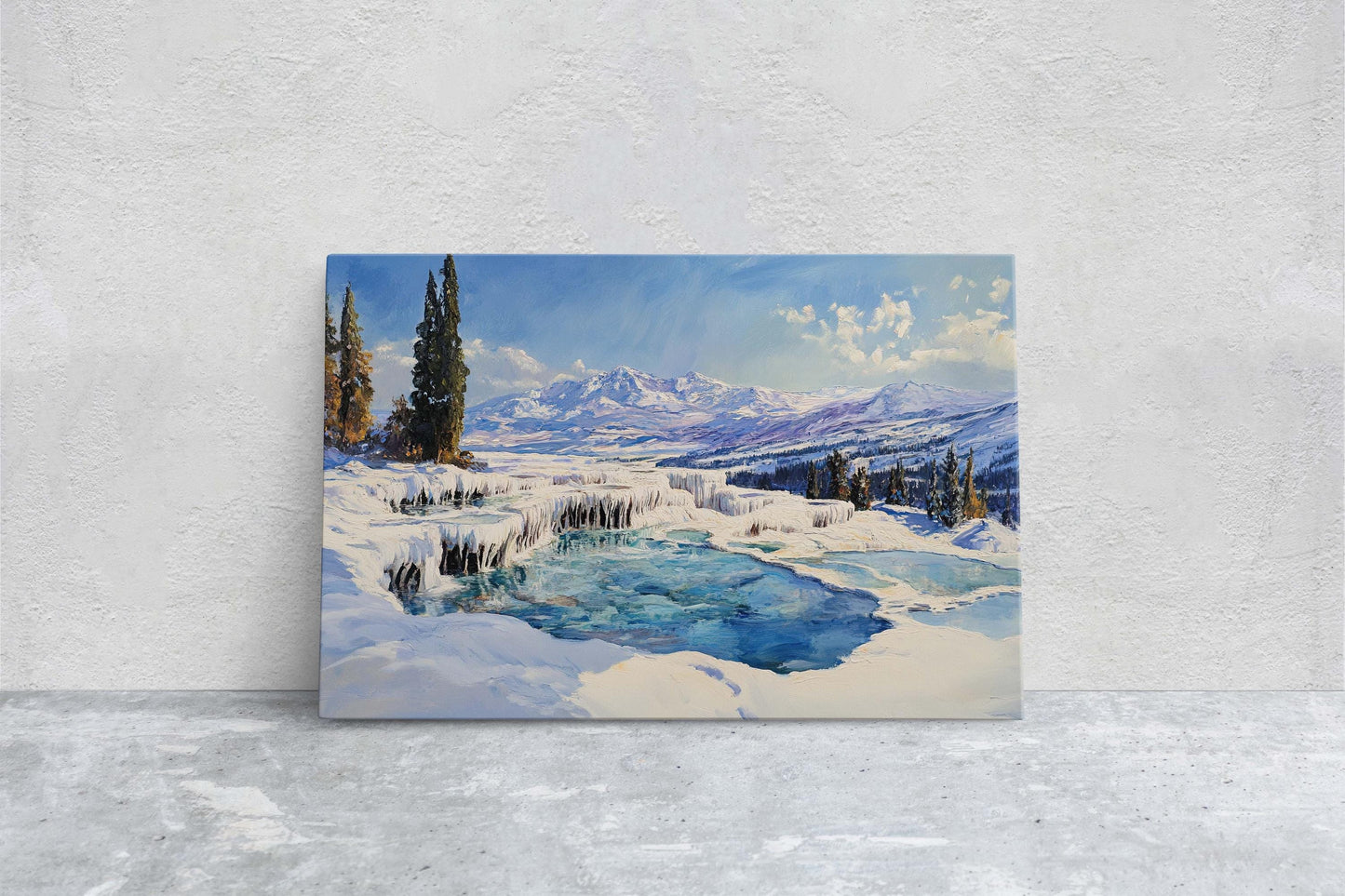 Snow Hot Springs, Winter painting, Scenic Art,  Winter Mountain Print