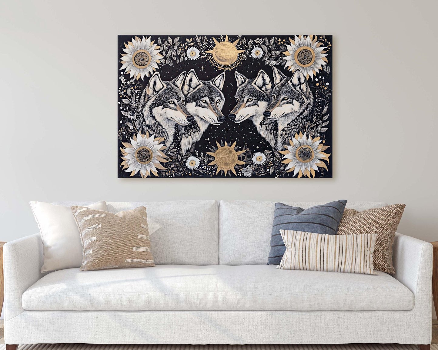 Wolves Folk Art, Celestial Art, Wolf Art, Nature print, Canvas print