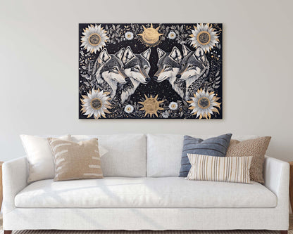 Wolves Folk Art, Celestial Art, Wolf Art, Nature print, Canvas print