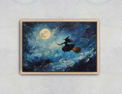 Flying Witch, Witch on Broomstick, Whimsical Decor, Full Moon,Halloween Art, Star Sky, Cloudy