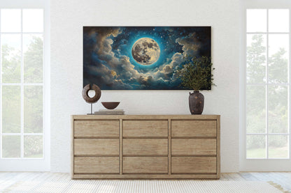 Full Moon Vintage ,Cloudy Moon Sky, Moon Painting, Moon and Stars