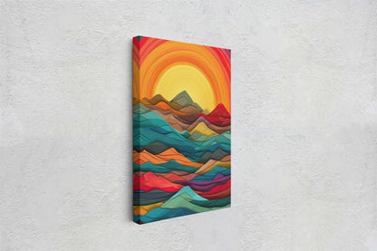 Sunshine Mountain on Canvas, Sunset Decor, Flat Art, Vibrant Color, Bold Art, Vertical, Abstract, Mid Century Modern, Scandinavian Print