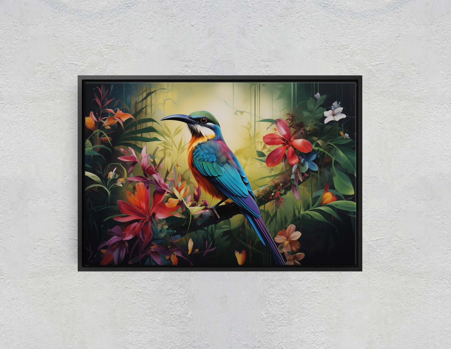 Jungle Bird Painting, Jungle Art, Green Jungle, Framed Canvas, Large Print, Beautiful Bird, Flower Jungle, Tropical Forest, Rainforest Art