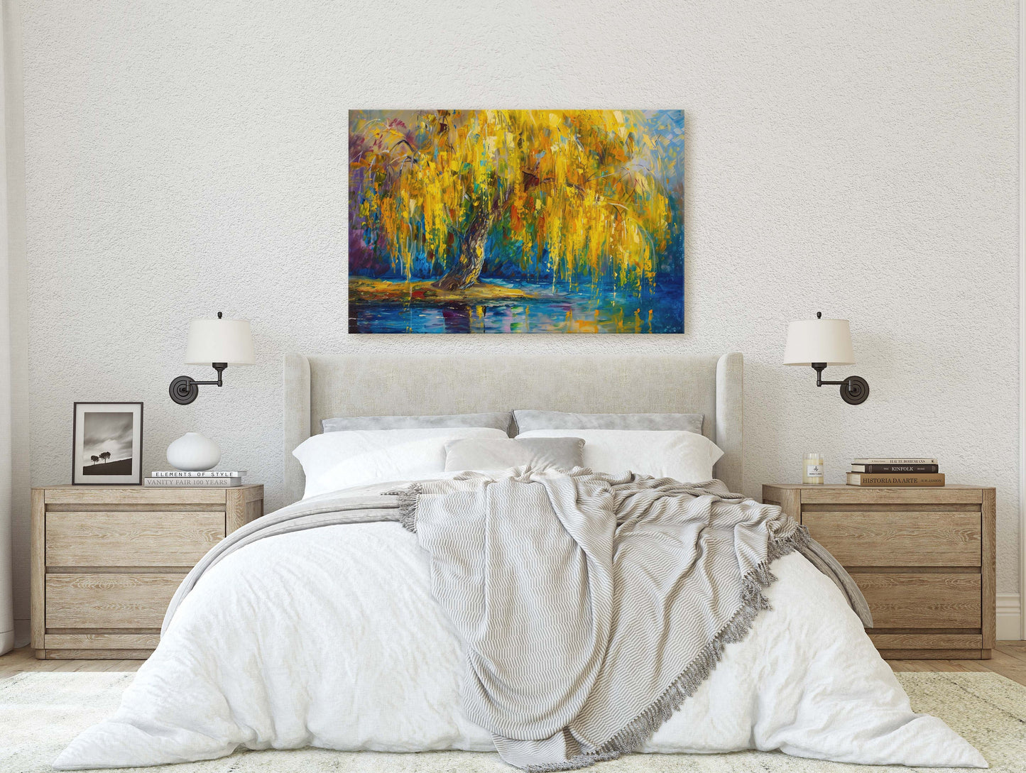 Golden Willow, Weeping Willow, Abstract Modern, Framed Canvas, Large Art Print, Gold and Blue, Tree Painting, Floral Botanical