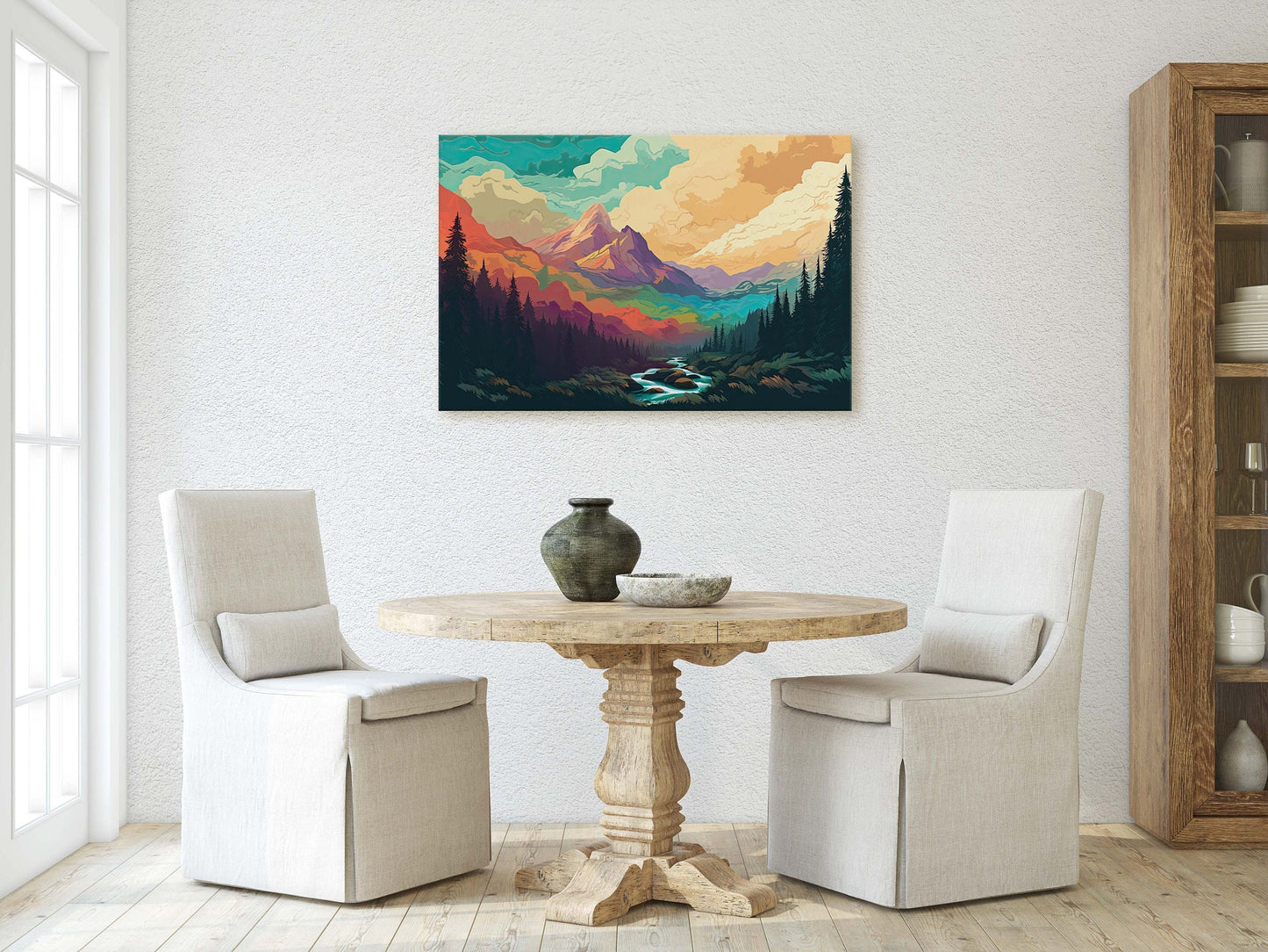 Cloud Mountains on Canvas, Flat Illustration, Sunset Colors, Sunrise Scene, Mountain Range, National Park, Abstract Art, Drawing, Framed