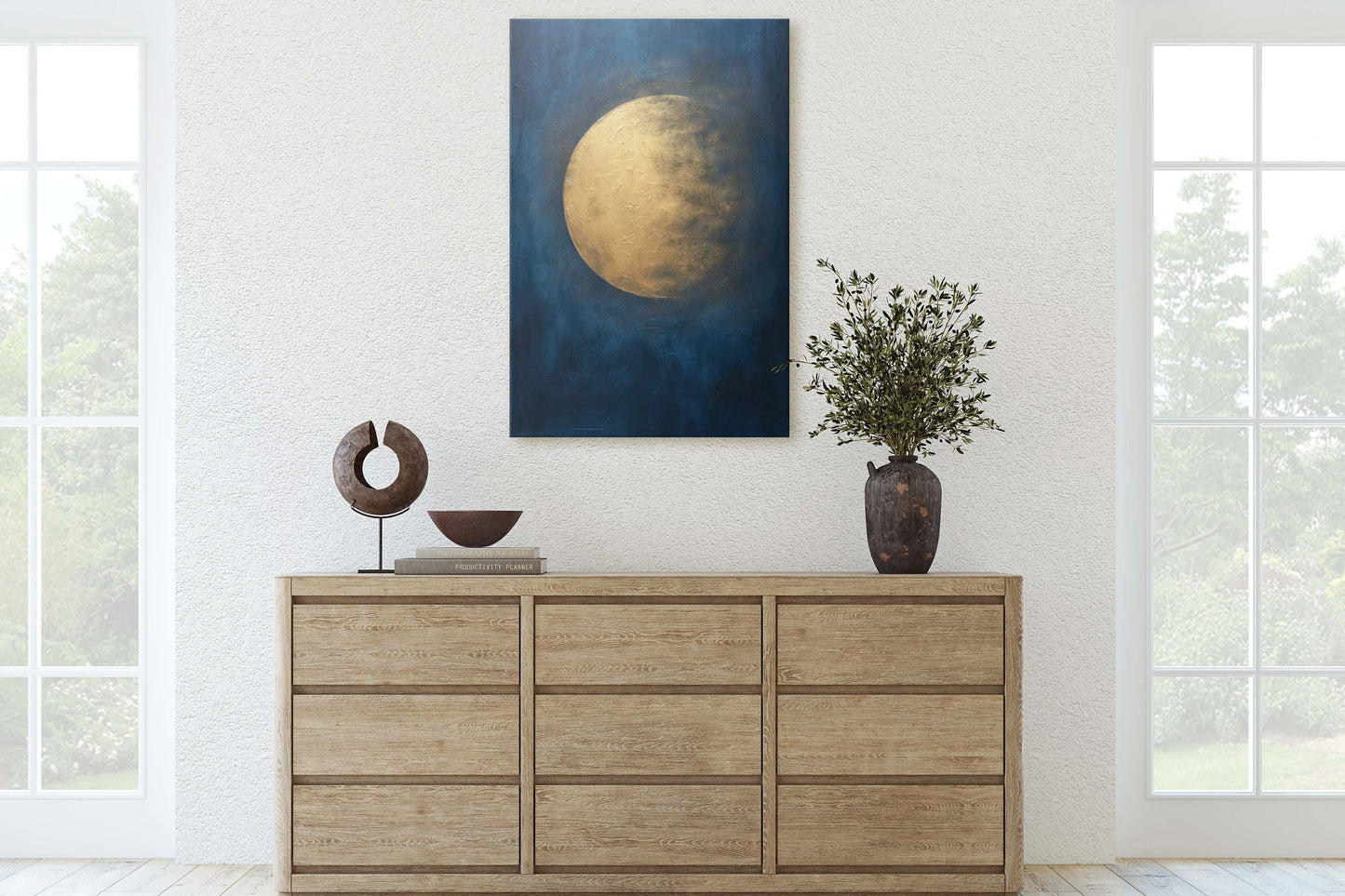 Gold Moon on Indigo, Moon Painting, Minimalist Art, Circle Indigo, Maximalist Art, Contemporary Decor, Celestial Art, Space Decor, Night Sky