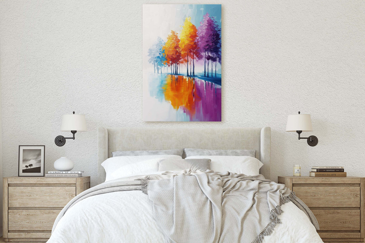 Trees By Lake, Colorful Foliage, Rainbow Trees, Pastel Colors, Blue White, Orange Purple, Framed Canvas, Large Art print