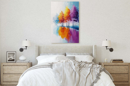 Trees By Lake, Colorful Foliage, Rainbow Trees, Pastel Colors, Blue White, Orange Purple, Framed Canvas, Large Art print