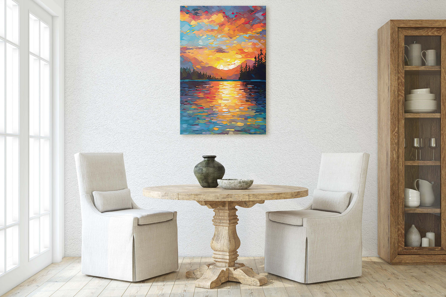 Lake at Sunset, Fauvist Color, Calm Water, Chromatic, Impressionist Art, Landscape Decor, Nature Painting, Ready to Hang, Canvas Print