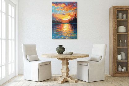 Lake at Sunset, Fauvist Color, Calm Water, Chromatic, Impressionist Art, Landscape Decor, Nature Painting, Ready to Hang, Canvas Print