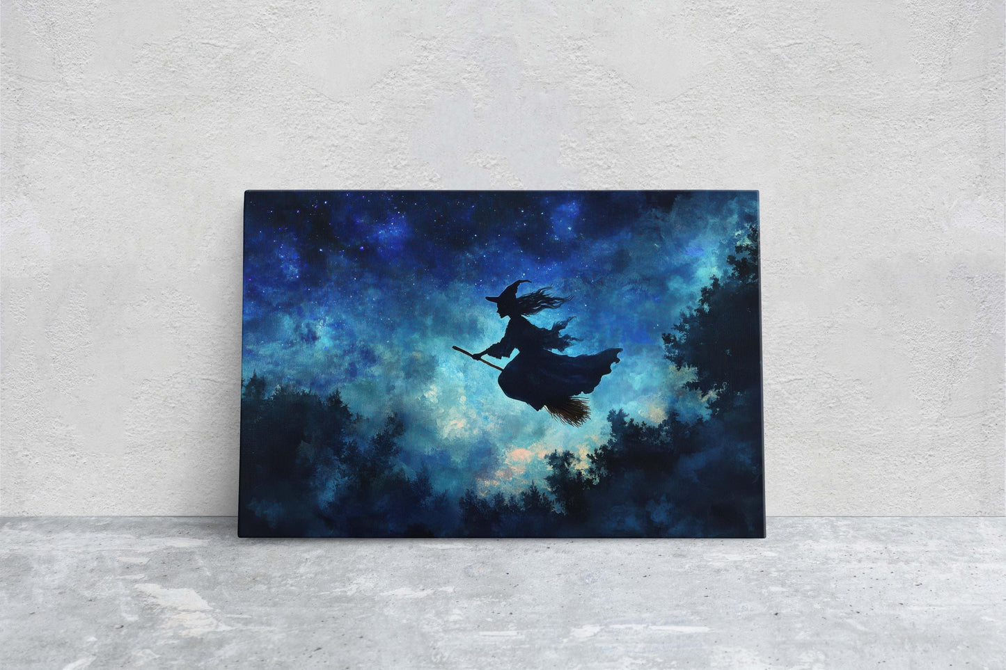 Flying Witch, Witch on Broomstick, Whimsical Decor, Halloween Art, Star Sky, Forest Night