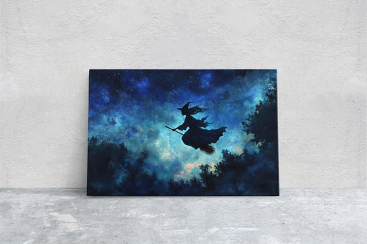 Flying Witch, Witch on Broomstick, Whimsical Decor, Halloween Art, Star Sky, Forest Night