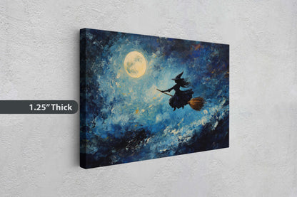 Flying Witch, Witch on Broomstick, Whimsical Decor, Full Moon,Halloween Art, Star Sky, Cloudy