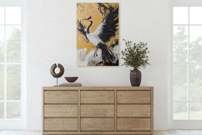 Japanese Crane, Gold Crane, Wabi Sabi, Bird Print, Japandi