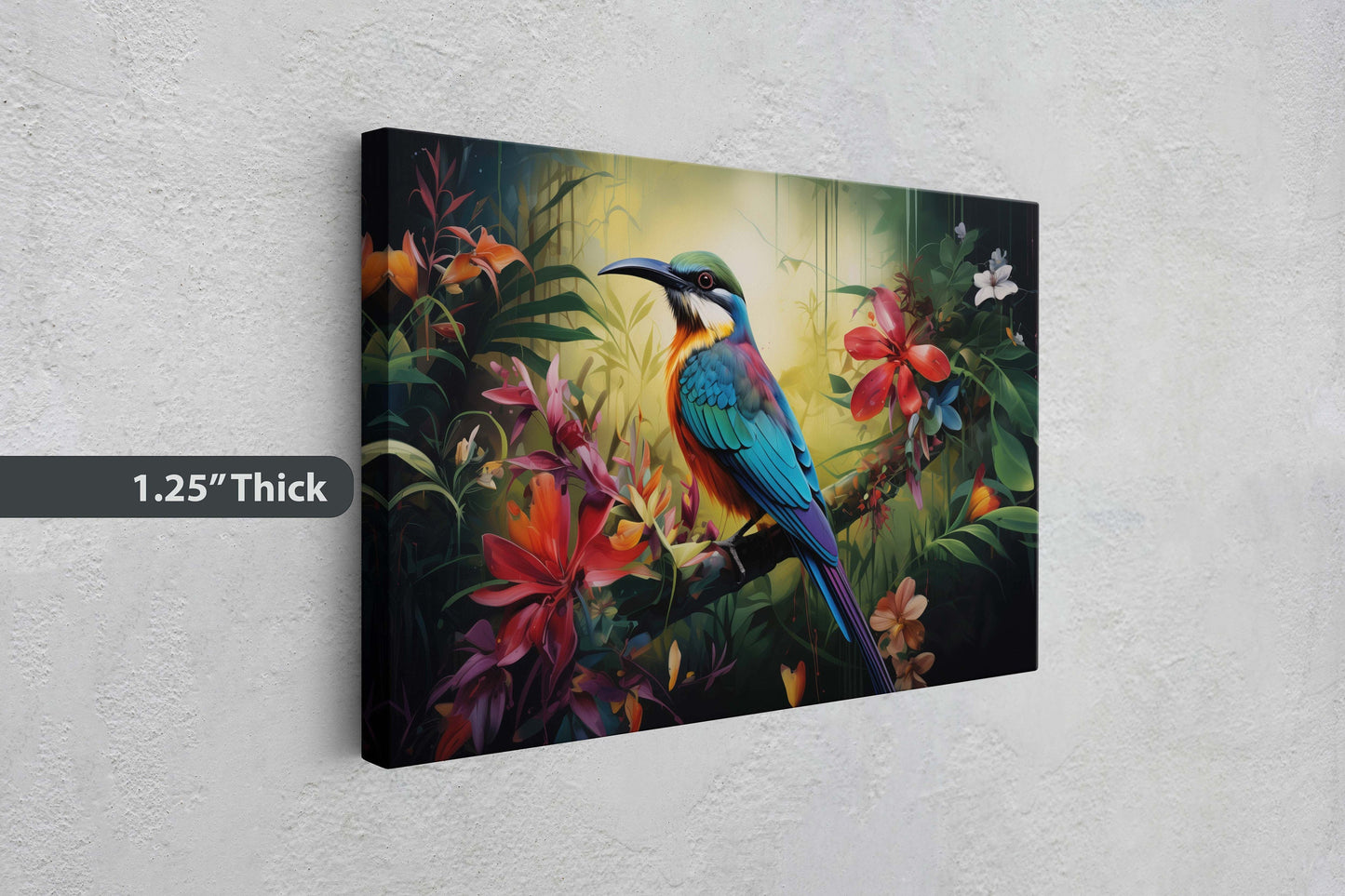 Jungle Bird Painting, Jungle Art, Green Jungle, Framed Canvas, Large Print, Beautiful Bird, Flower Jungle, Tropical Forest, Rainforest Art