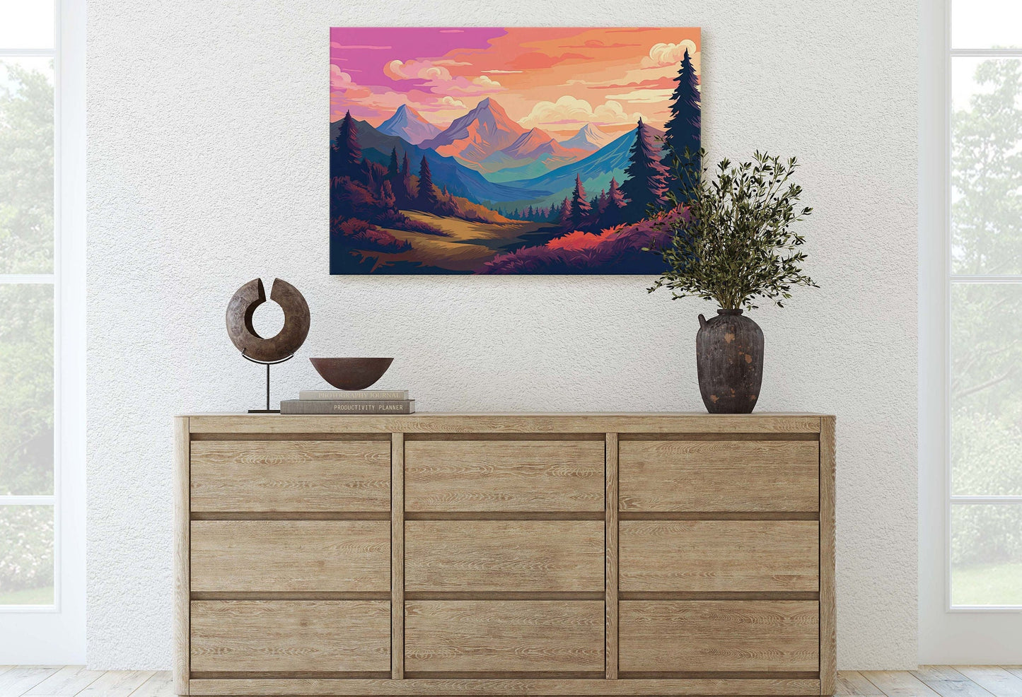 Mountain Sunset on Canvas, Vivid Color, Forestpunk, Bold Color, Illustration animation, cyberpunk landscape, Large Print
