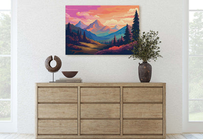 Mountain Sunset on Canvas, Vivid Color, Forestpunk, Bold Color, Illustration animation, cyberpunk landscape, Large Print