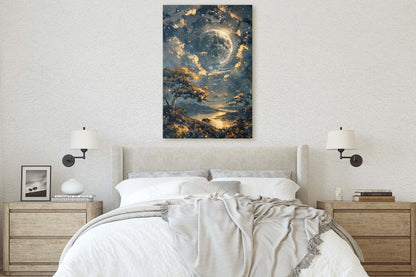 Full Moon, Celestial Painting, Night Sky, Golden Glow, Majestic Landscape, Framed Canvas, Large Art Print