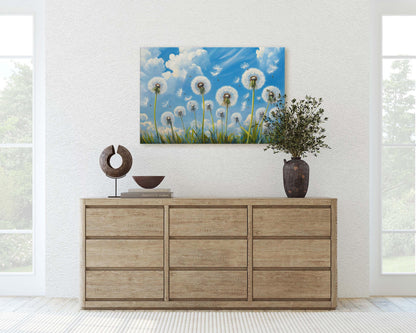 Dandelions Painting, Blue Sky Art, Close up Flowers, Wildflowers Art
