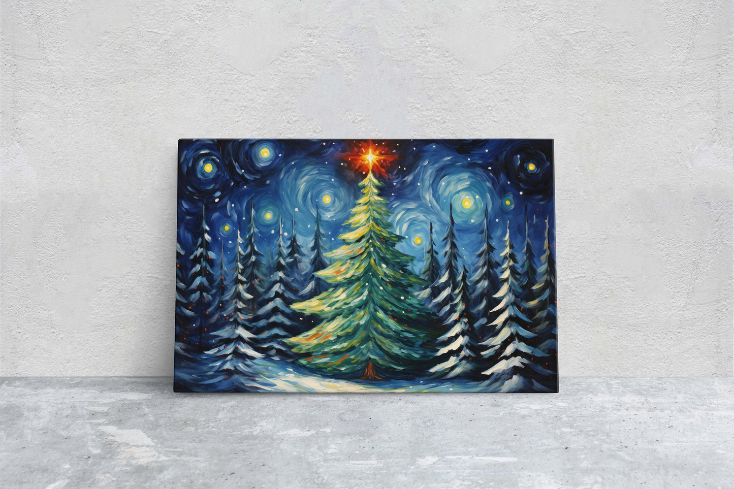 Starry Christmas Tree, Starry Night, Christmas Painting, Xmas Decor, Framed Canvas, Large Painting, Festive Print, Winter Art