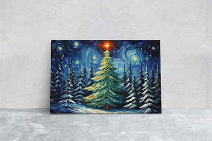 Starry Christmas Tree, Starry Night, Christmas Painting, Xmas Decor, Framed Canvas, Large Painting, Festive Print, Winter Art