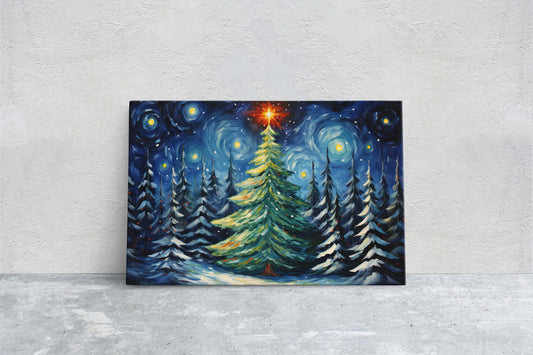 Starry Christmas Tree, Starry Night, Christmas Painting, Xmas Decor, Framed Canvas, Large Painting, Festive Print, Winter Art
