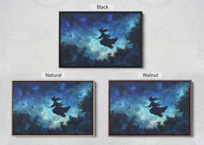 Flying Witch, Witch on Broomstick, Whimsical Decor, Halloween Art, Star Sky, Forest Night