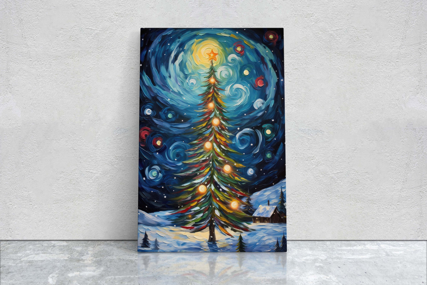 Starry Christmas Tree, Starry Night, Christmas Painting, Xmas Decor, Framed Canvas, Large Painting, Festive Print, Winter Art