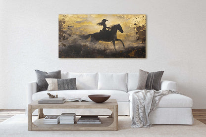 Woman Riding Horse, Cowgirl Painting, Black and Gold, Cowboy Art, Western Decor