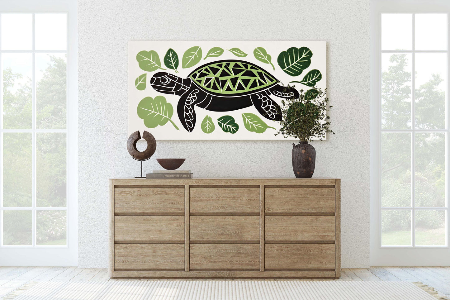 Turtle Folk Art, Scandinavian Art, Linocut Print, Framed Canvas, Large Canvas Print