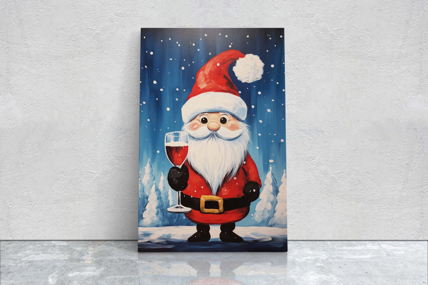 Cute Santa Wine, Santa Clause, Christmas Decor, Santa Painting, Saint Nick, Christmas Gift, Framed Canvas, Father Christmas, Holiday Artwork